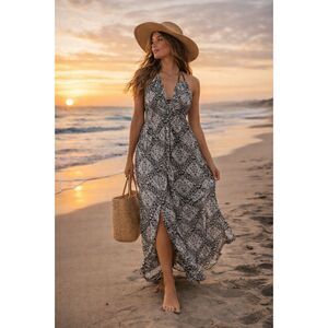 West Kei Maxi Dress M Black White Boho Halter Open Back Pockets Rayon Vacation